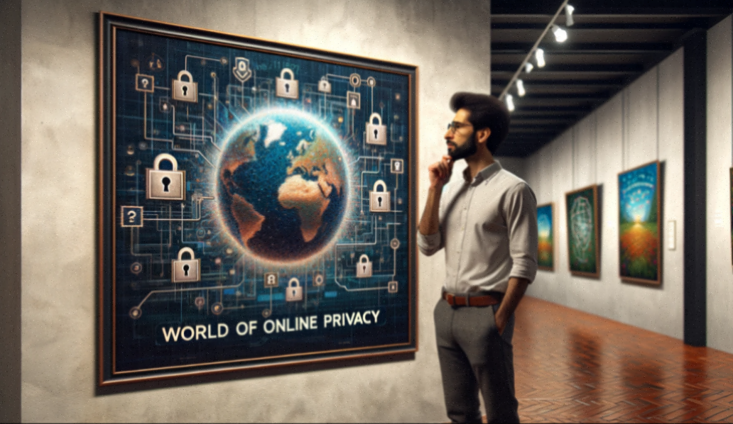 image of a man looking at a picture titled "World of Online Privacy" in an art gallery.